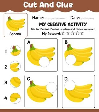Banana Cut and Match Vector Worksheet, Preschool Learning Activity with Name Stock Illustration