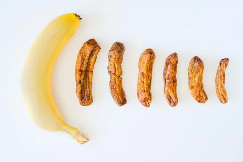Banana drying process. Different sizes of dried banana. Dried bananas on a co Stock-Fotos