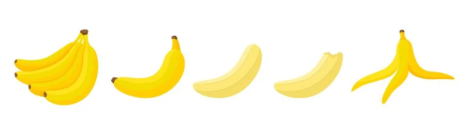 Banana eating step by step process. Bananas, peeled exotic fruit and bitten Stock Illustration