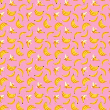 Banana flat seamless pattern on pink background. Stock Illustration