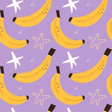 Banana fruit, seamless pattern, doodle illustration of yellow bananas on purple Stock Illustration