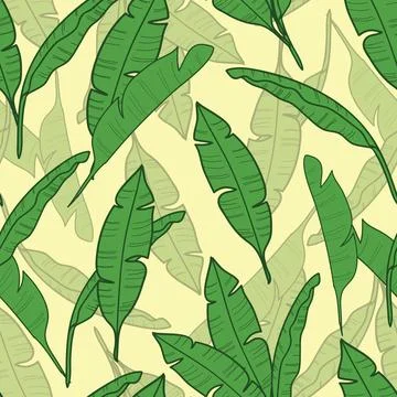 Banana leaves seamless pattern on light yellow background Stock Illustration