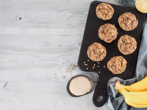 Banana muffins with buckwheat flour and poppy seeds Stock Photos