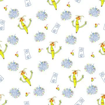 Banana party seamless pattern. Fun youth background with hand drawn elements. Stock Illustration