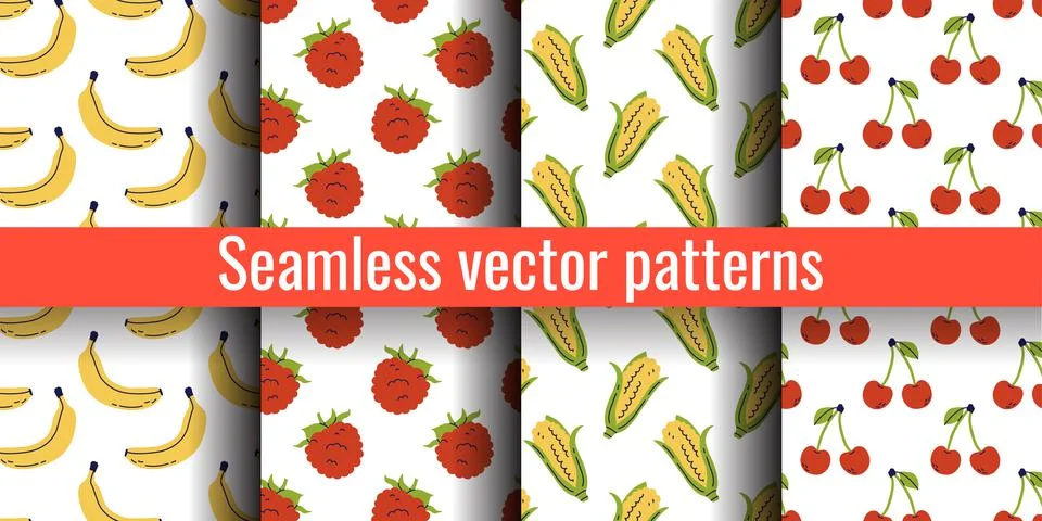 Banana, raspberry, corn and cherry. Fruit seamless pattern bundle. Color illu Stock Illustration
