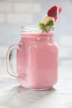 Banana raspberry smoothie Stock Photos