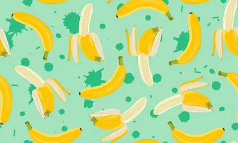 Banana seamless pattern, Half peeled banana on green paint splash background. Illustrazione stock