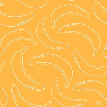 Banana seamless pattern in line art style on yellow background. Design for Stock Illustration