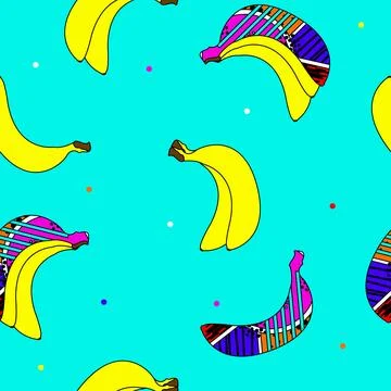 Banana seamless pattern in pop art style. Abstract colorful fruit print. Stock Illustration