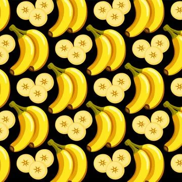 Banana Seamless Pattern with Whole and Sliced Bananas on Black Background Stock Illustration