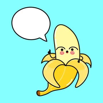 Banana with speech bubble. Vector hand drawn cartoon kawaii character illus.. Stock Illustration