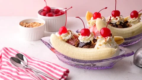  banana split with cherries and nuts Stock Footage 263755928