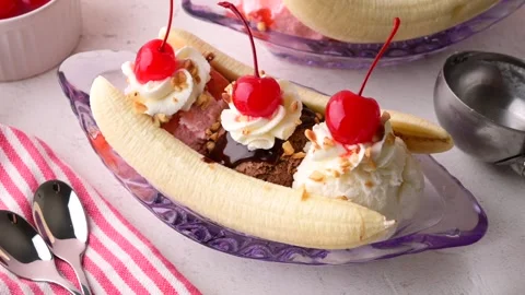  banana split with cherries and nuts Stock Footage 263756476