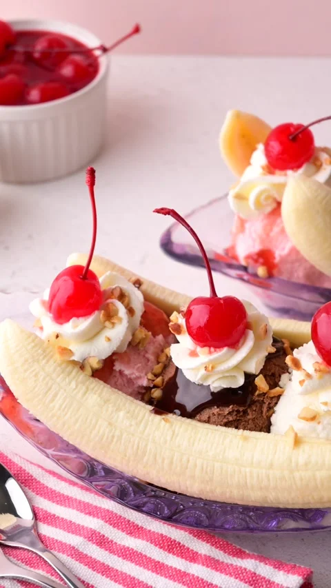  banana split with cherries and nuts Stock Footage 263757817