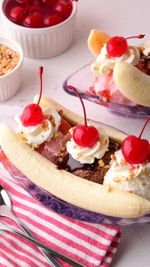  banana split with cherries and nuts Stock Footage 263758065