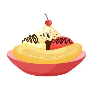Banana split dessert in bowl with cherry on top. Cartoon ice cream with Stock Illustration
