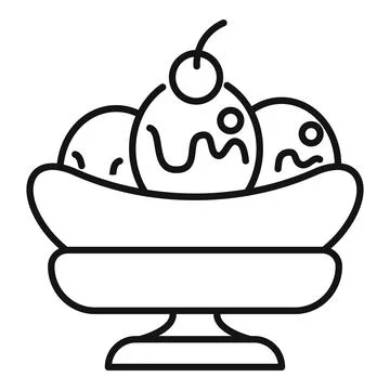 Banana split dessert icon showing three scoops of ice cream with syrup and a Stock Illustration