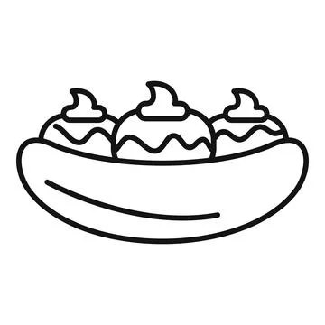 Banana split dessert icon showing three scoops of ice cream covered in chocolate Stock Illustration