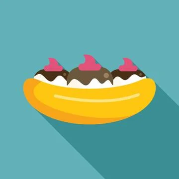 Banana split dessert lying on blue background with long shadow Stock Illustration