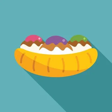 Banana split with ice cream and chocolate sauce on turquoise background 스톡 일러스트