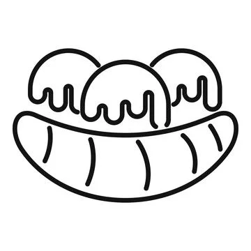 Banana split with melting ice cream balls line icon Stock Illustration
