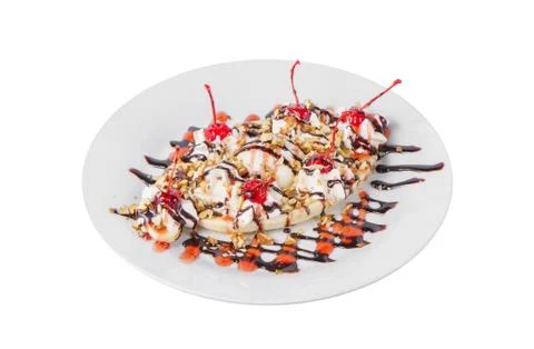Banana split with topping and cherry isolated white Stock Photos
