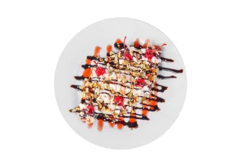 Banana split with topping and cherry isolated white Stock Photos