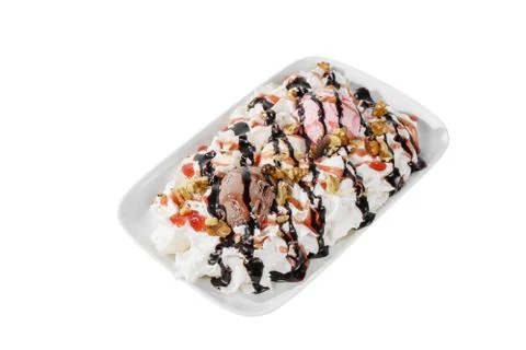 Banana split with topping and Walnut isolated white Stock Photos