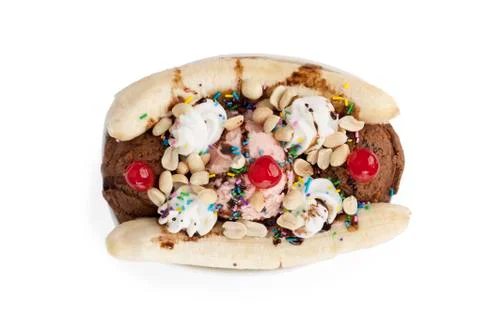 Banana split on white Stock Photos