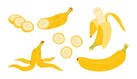 Banana vector elements set with whole fruit peeled pieces and skin Stock Illustration