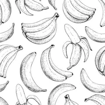 Banana vector seamless pattern. Isolated hand drawn bunch and peel banana S.. Stock Illustration