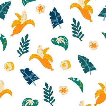 Bananas and leaves seamless pattern. Tropical background with exotic leaves a Stock Illustration