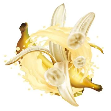Bananas and a splash of milkshake or yogurt. Stock Illustration