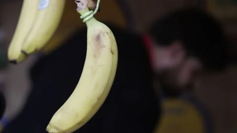 Bananas hanging on the ropes at interior Stock Footage 113338499