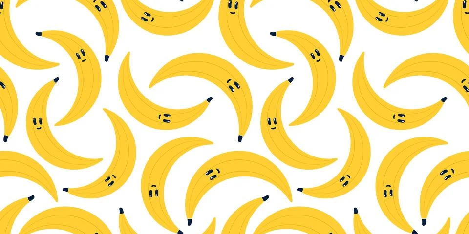 Bananas Pattern with Cute face. Seamless print of Yellow fruit with Kawaii face Illustrazione stock