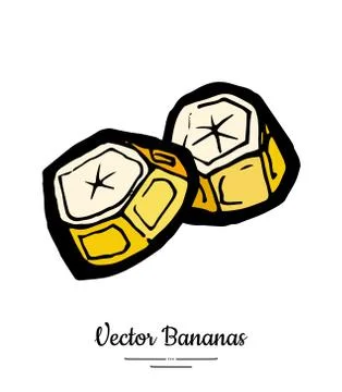 Bananas set vector isolated. Two chopped banana slices pieces. Yellow sweet f Stock Illustration