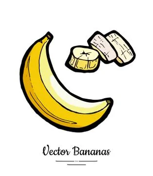Bananas set vector isolated. Whole peeled chopped banana slice bunch Yellow s Stock Illustration
