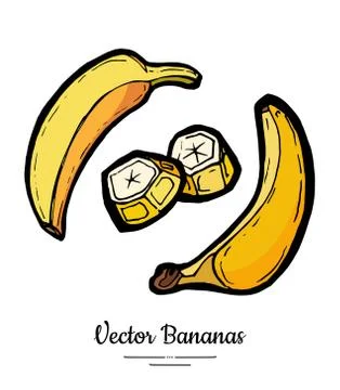 Bananas set vector isolated. Whole peeled chopped banana slice bunch Yellow s Stock Illustration