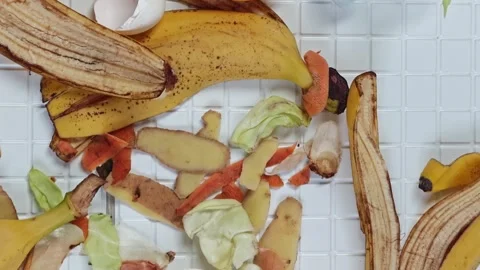 Bananas, vegetable scraps, and plastic waste arranged on a white grid surface Video stock 338131092