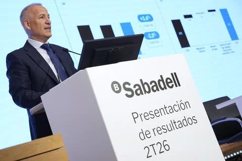 Banco Sabadell presents the figures of the second quarter of the year, Barcelona Stock Photos