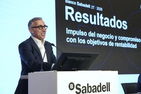Banco Sabadell presents the figures of the second quarter of the year, Barcelona Stock Photos