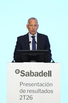 Banco Sabadell presents the figures of the second quarter of the year, Barcelona Stock Photos