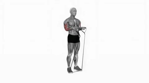 Band Close-Grip Biceps Curl fitness exercise workout animation male muscle highl Stockbeeldmateriaal 243984815