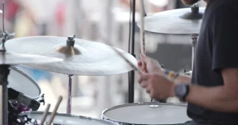 Band drummer drumming drums on stage- drum set Stock Footage 166326871