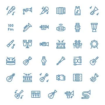 Band High Resolution Vector Icon Pack with 35 Regular Line Editable Elements Stock Illustration