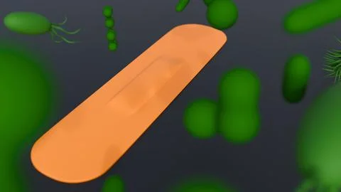 A bandage and different types of bacteria and microscopic organisms Ilustração Stock
