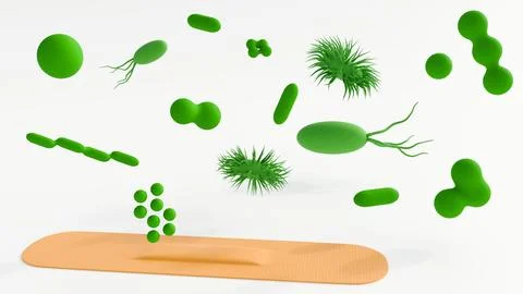 A bandage and different types of bacteria and microscopic organisms Ilustração Stock