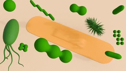 A bandage and different types of bacteria and microscopic organisms Ilustração Stock