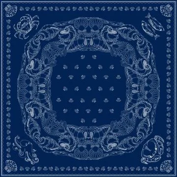 Bandana square pattern. Vector marine-themed illustration on blue. Stock Illustration