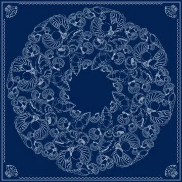 Bandana square pattern. Vector marine-themed illustration on blue. Illustrazione stock